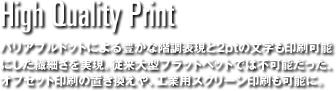 High Quality Print バリアブルドットによる豊かな階調表現と2ptの文字も印刷可能にした繊細さを実現。従来大型フラットベットでは不可能だった、オフセット印刷の置き換えや、工業用スクリーン印刷も可能に。